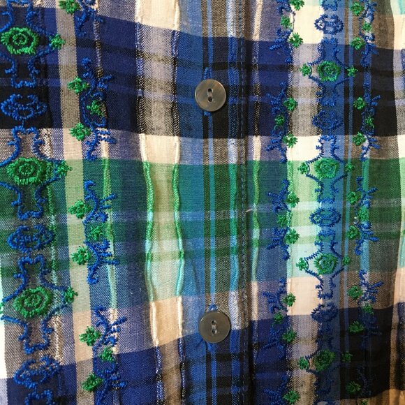 Vintage Alia Plaid Embroidered Green & Blue Cottagecore Button Down Shirt - Picture 6 of 16